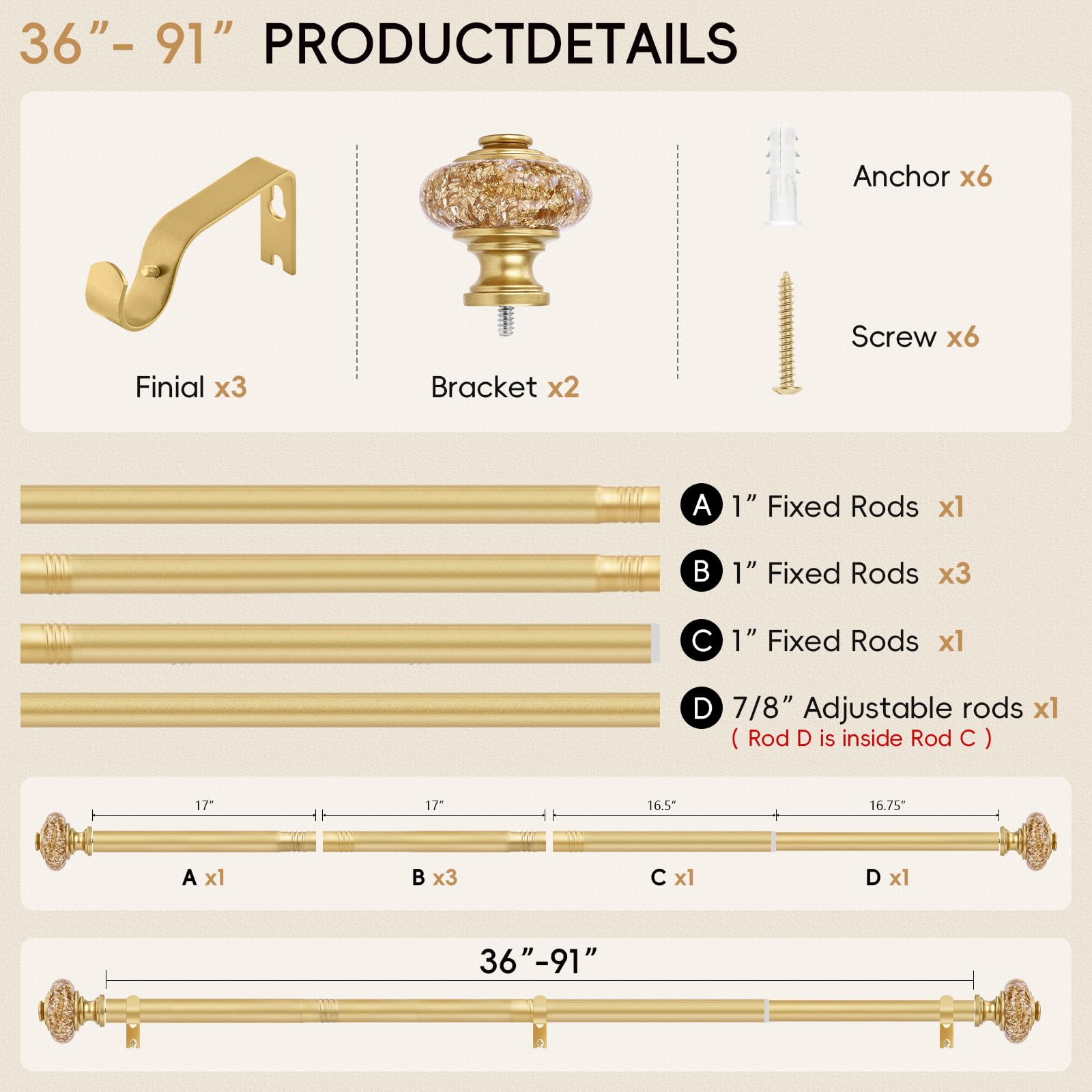 OLV rod size and measurement scale showing range 36 to 91 inches for correct fit