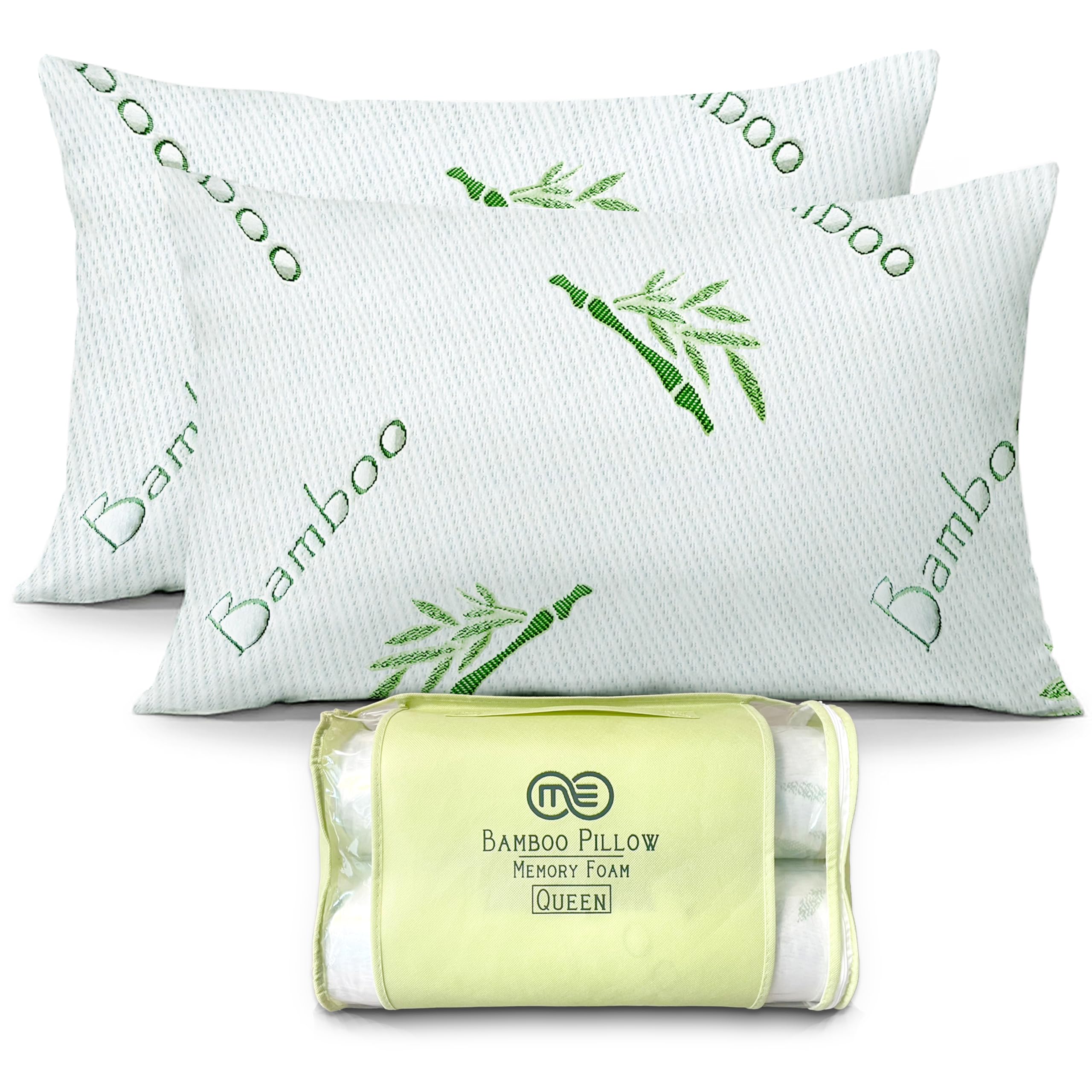 OMEO front view of two queen pillows showing packaging and clean sleep solution
