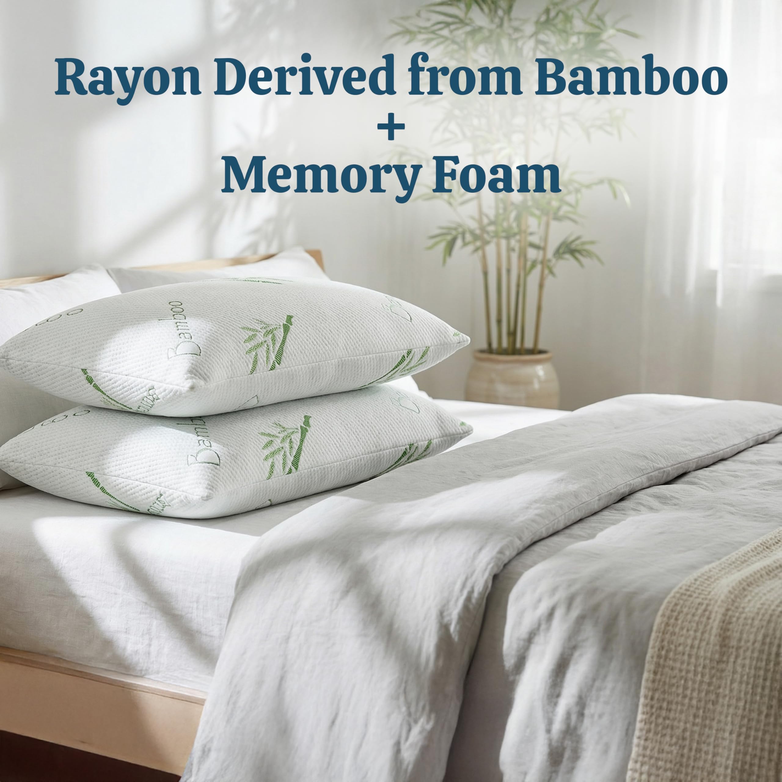 OMEO pillows styled on queen bed demonstrating roomy, supportive comfort