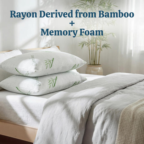 OMEO pillows styled on queen bed demonstrating roomy, supportive comfort