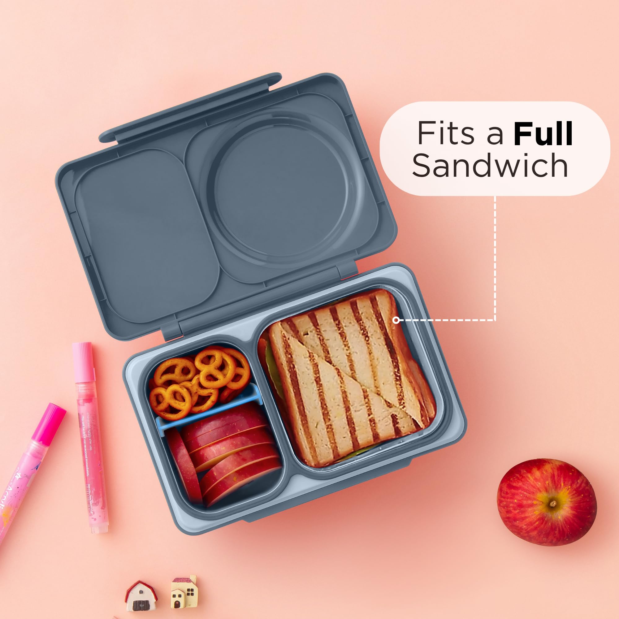 Omie OmieBox UP packed lunch overhead with hot soup and cold fruit separated