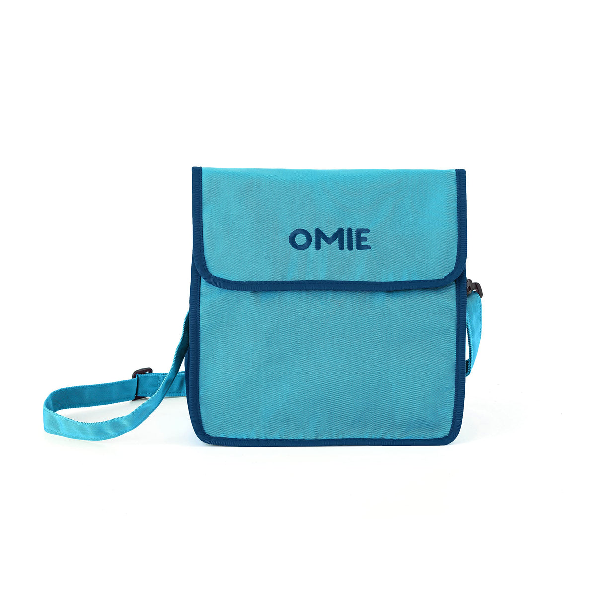 Omie blue lunch bag front view showing compact carry and protection