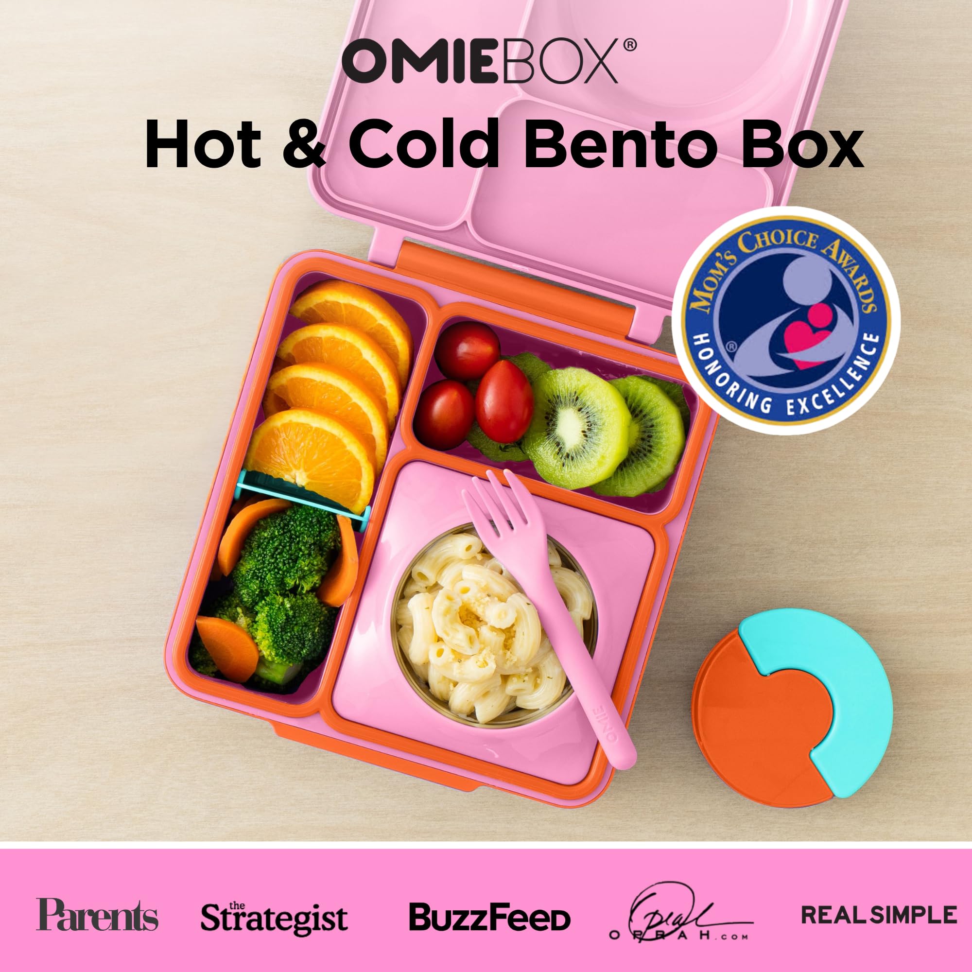 Omie OmieBox open with removable stainless-steel jar demonstrating hot and cold separation