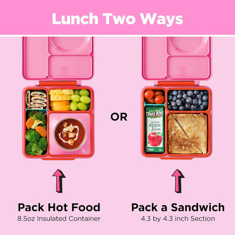 Top view of packed OmieBox with varied foods showing organized meal presentation