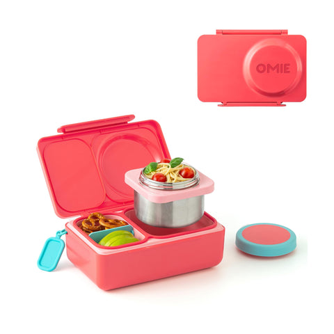Omie brand OmieBox UP front view showing cherry pink finish and secure latch benefit