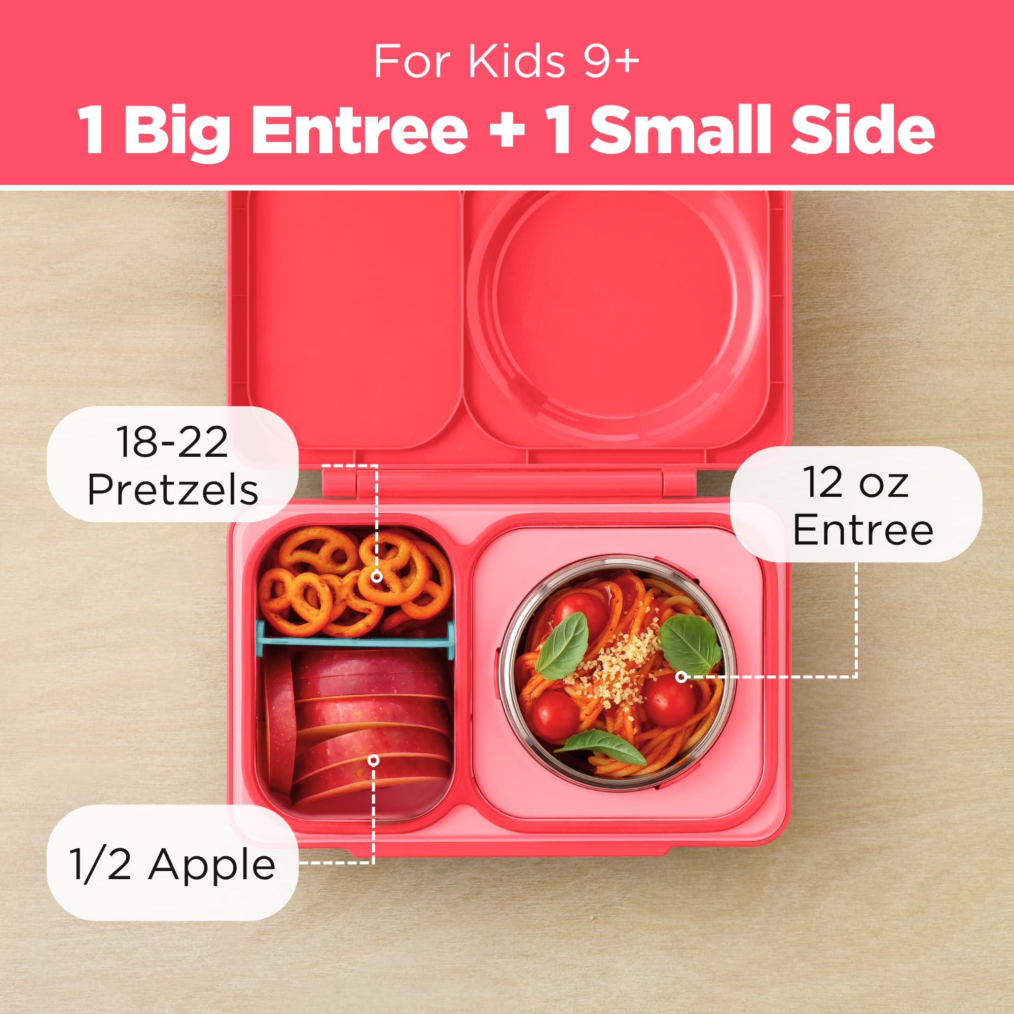 Omie brand bento open with hot soup and chilled fruit demonstrating mixed-temperature packing