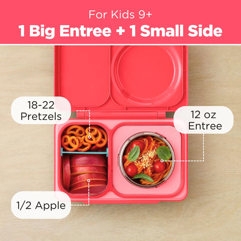 Omie brand bento open with hot soup and chilled fruit demonstrating mixed-temperature packing