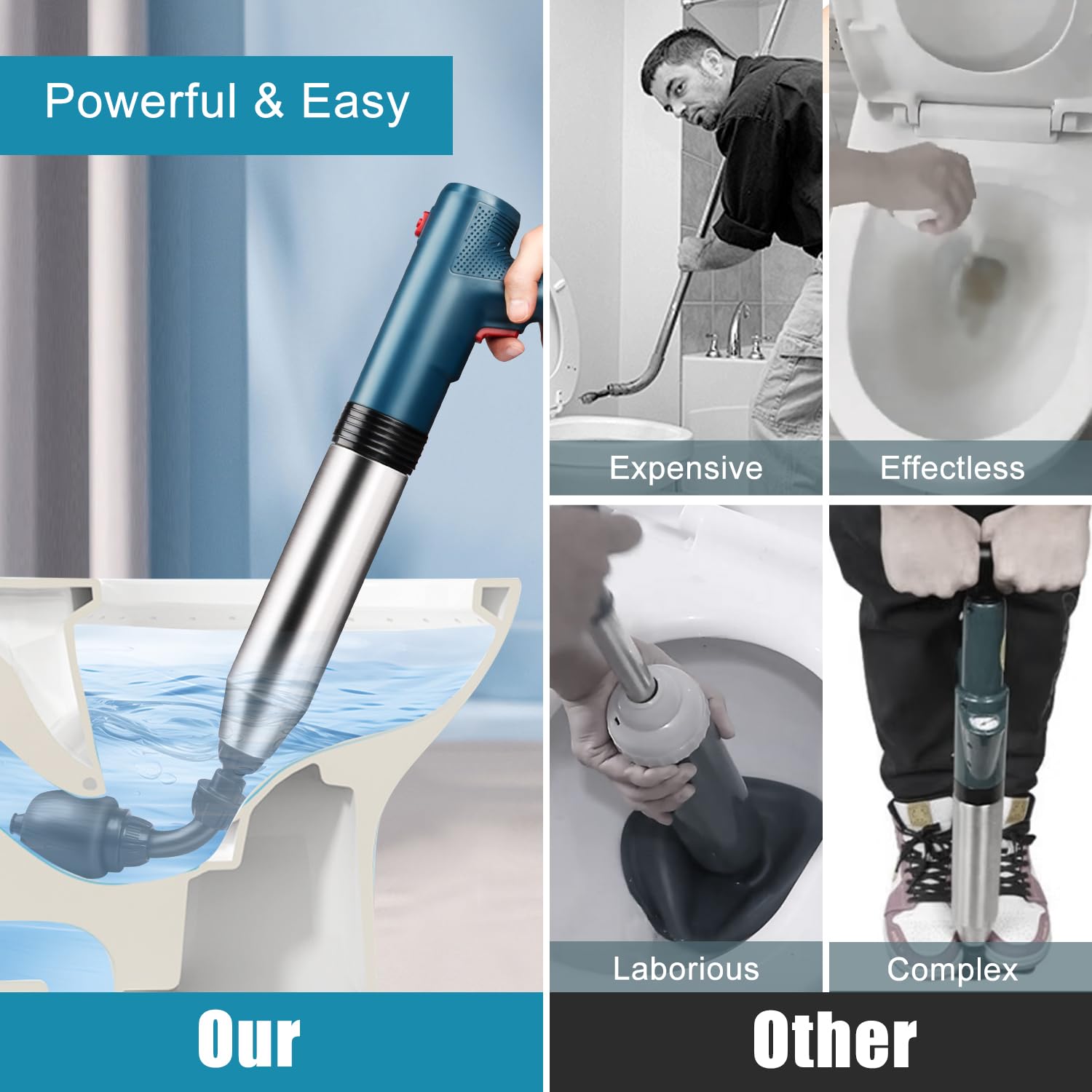 Omont in use on bathtub drain demonstrating fast clog removal