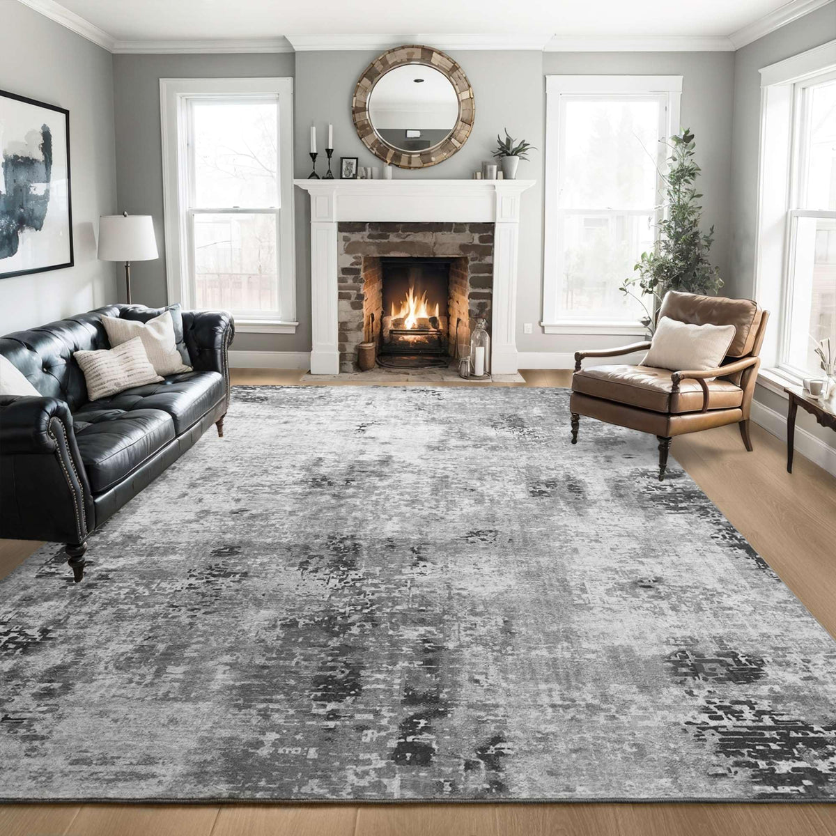 Ompaa front view of gray 8x10 rug showing full abstract design and neutral tone benefit