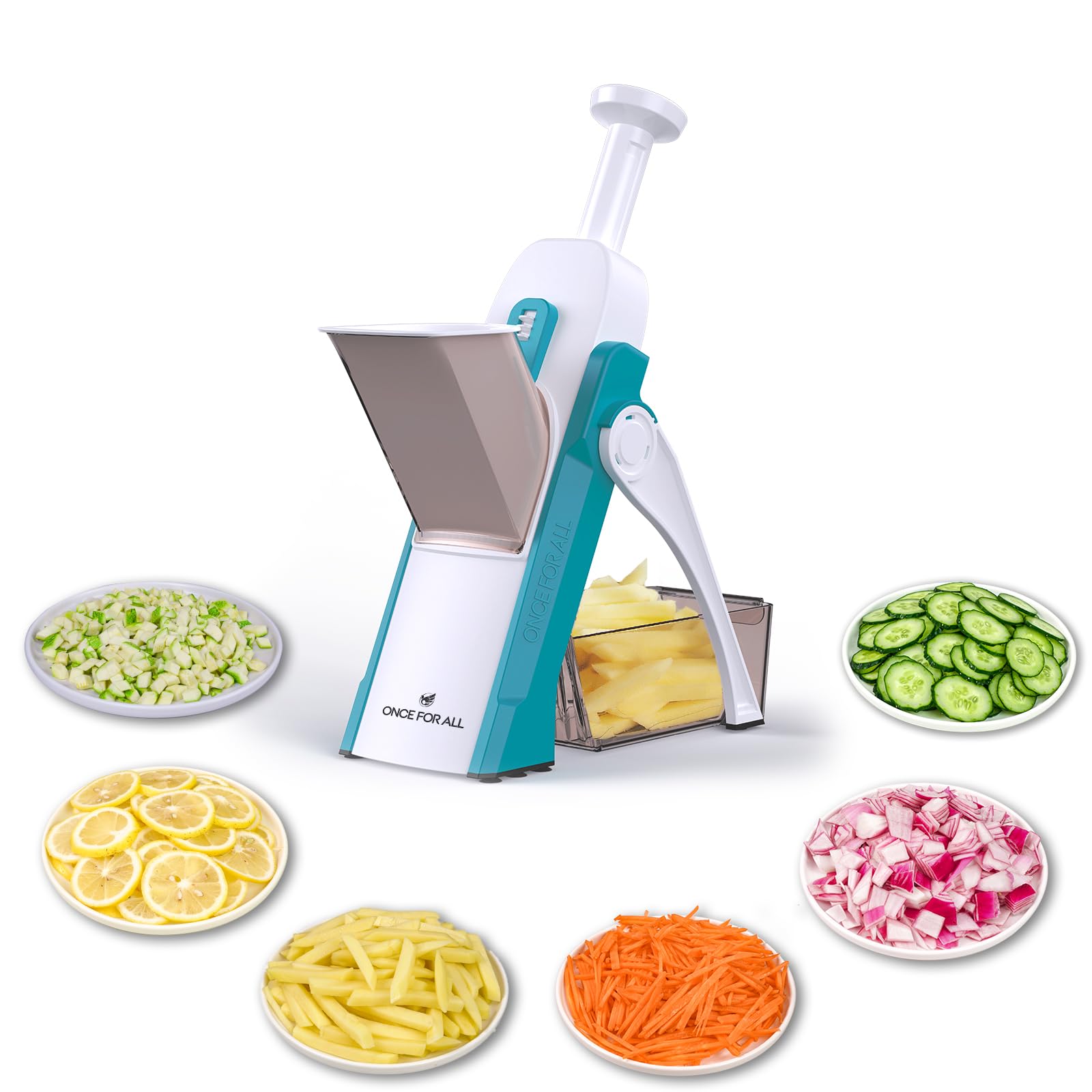 ONCE FOR ALL front view of blue mandoline slicer showing compact design and safety benefits