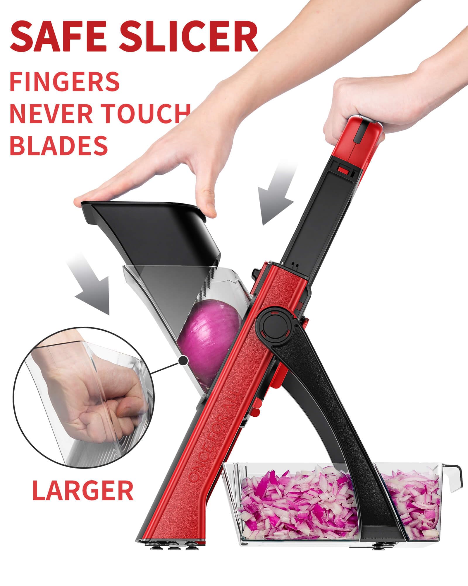 ONCE FOR ALL mandoline in use slicing a potato quickly with safe hand pusher benefit