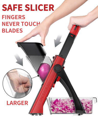 ONCE FOR ALL mandoline in use slicing a potato quickly with safe hand pusher benefit