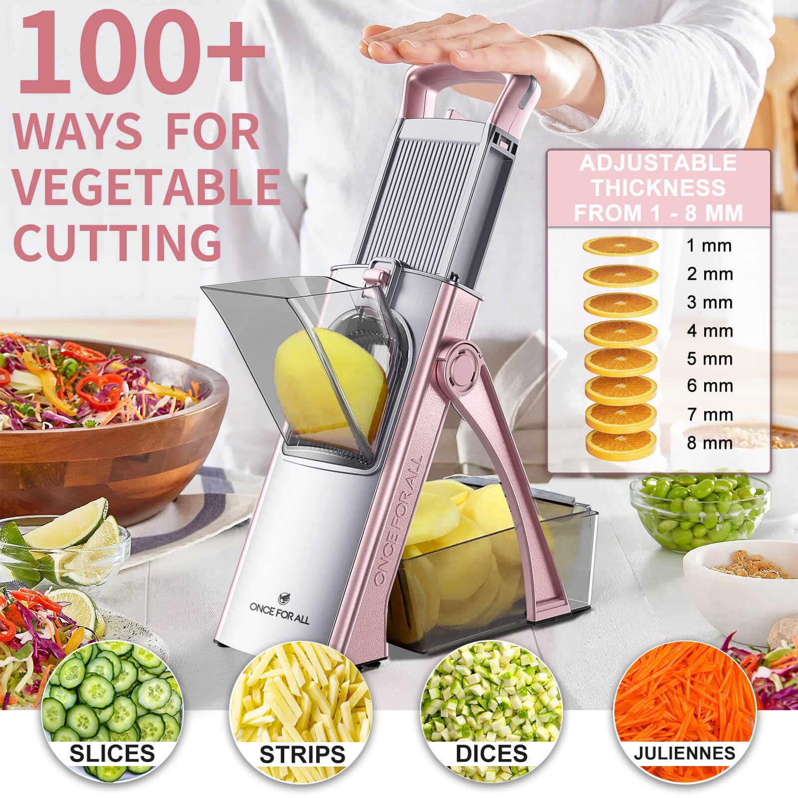 ONCE FOR ALL filled container catching sliced vegetables for mess-free prep