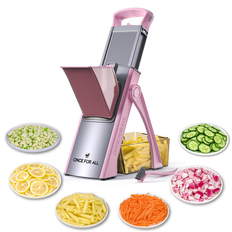 ONCE FOR ALL mandoline front view showing compact design and wide feeding port, faster prep