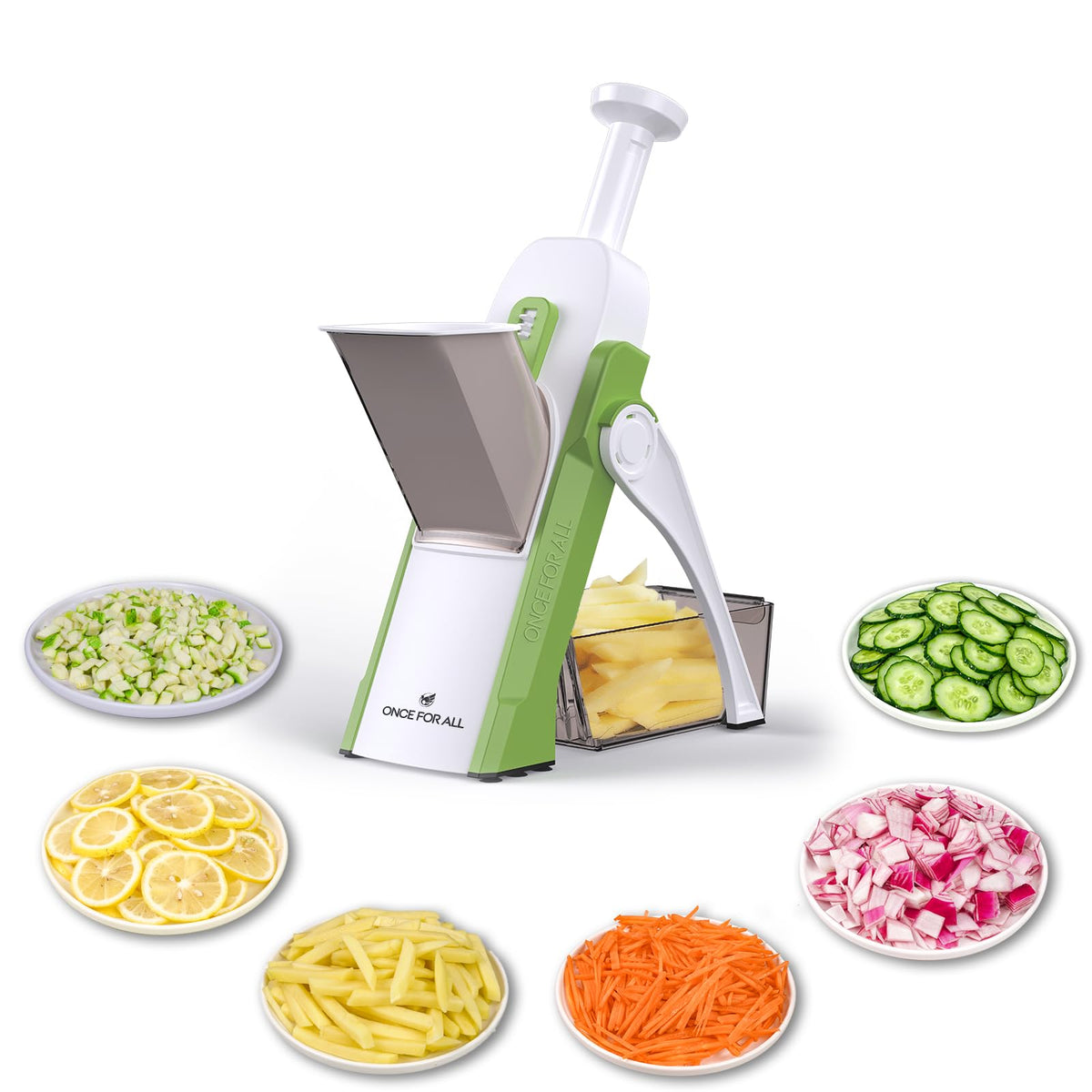 ONCE FOR ALL front view of mandoline showing compact green body and control benefits