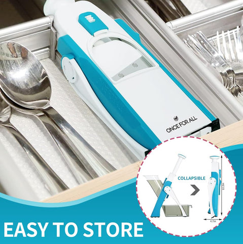 ONCE FOR ALL assortment of slices and julienne strips showing uniform cuts and versatility