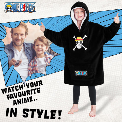One Piece size scale with child model showing oversized fit and coverage