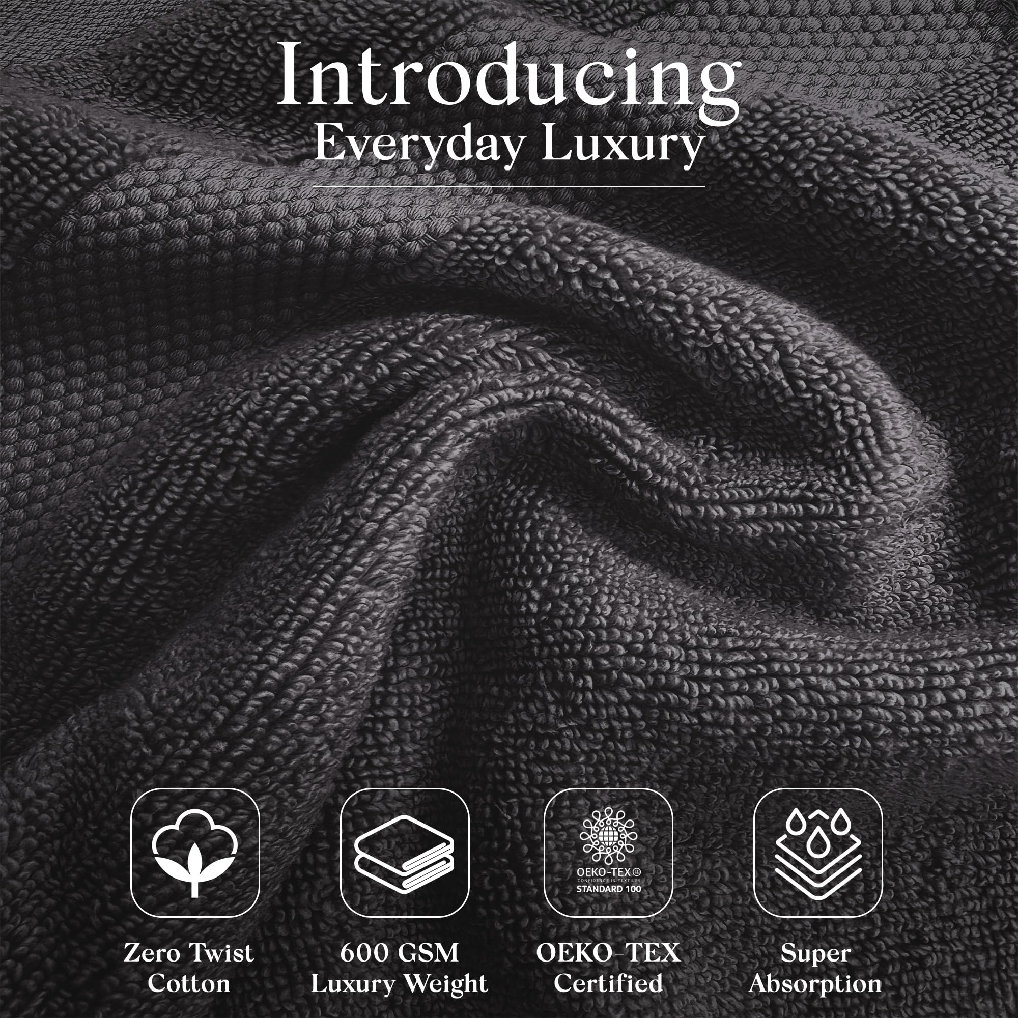 One Thousand Reasons full-size bath towel displayed on stand showing generous coverage benefit