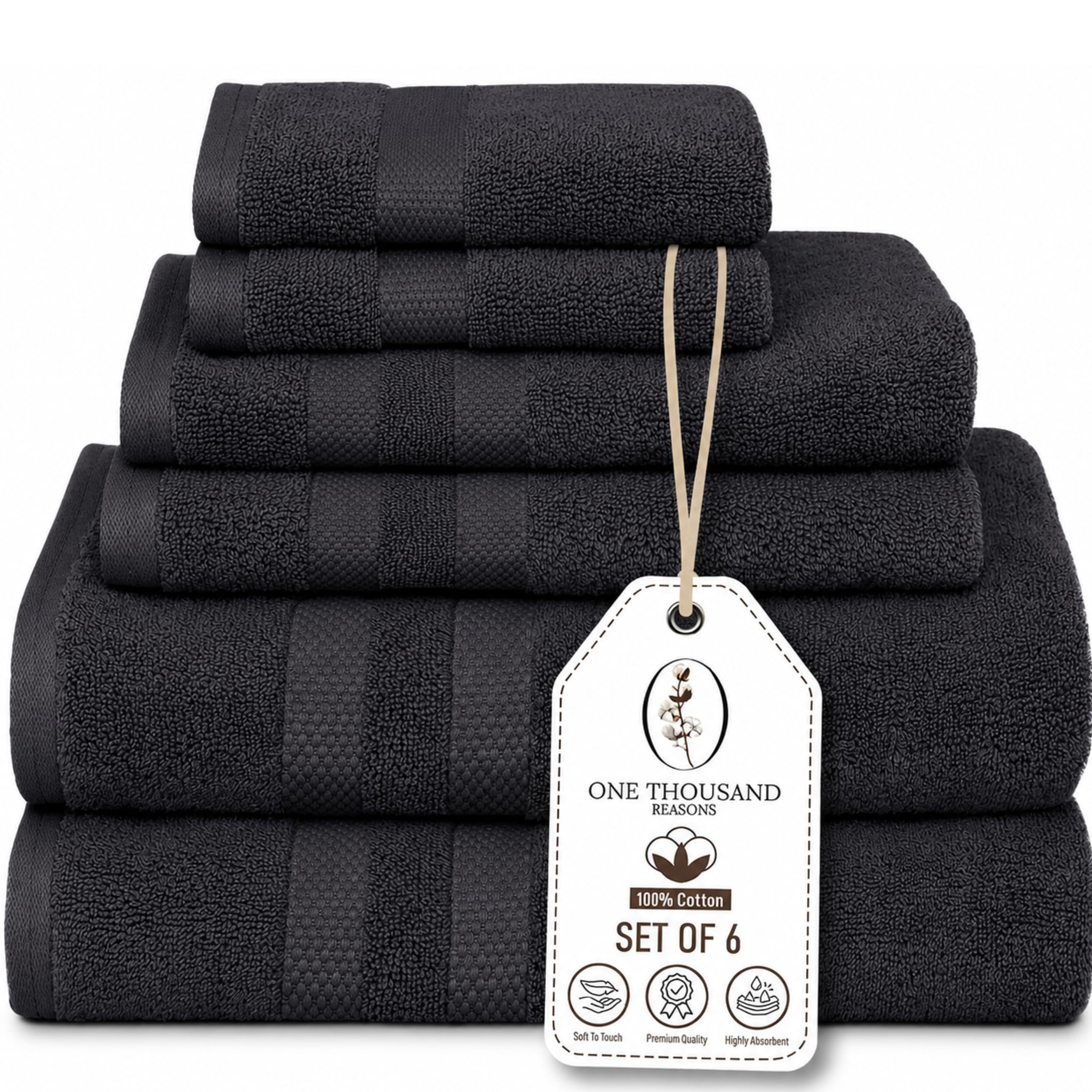 One Thousand Reasons front packaging showing dark gray 6-piece towel set and modern styling benefit