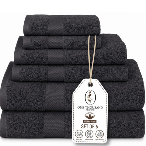 One Thousand Reasons front packaging showing dark gray 6-piece towel set benefits