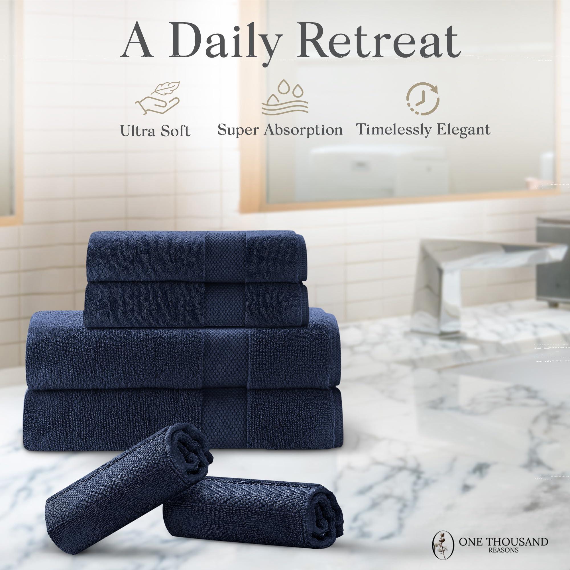 One Thousand Reasons hand towel draped on vanity showing quick-dry convenience