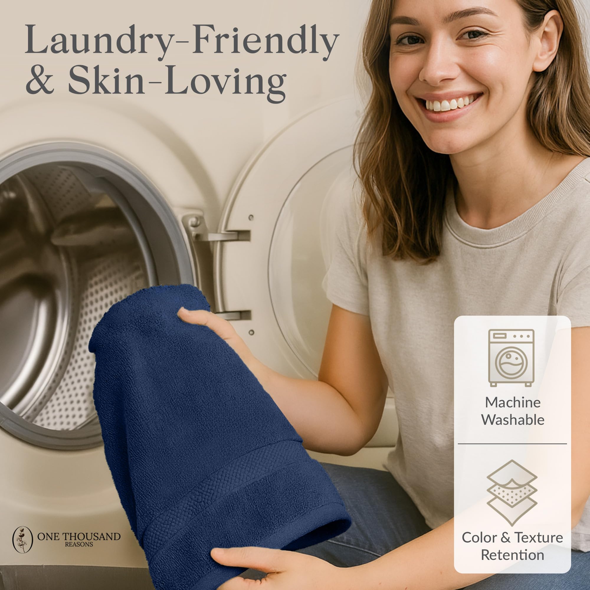 One Thousand Reasons navy towels styled in bathroom conveying hotel-inspired elegance