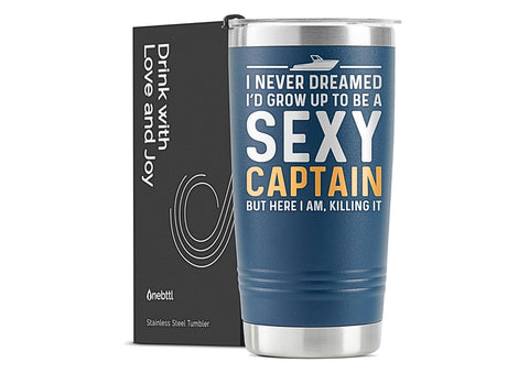 Onebttl tumbler front view showing nautical artwork and durable finish