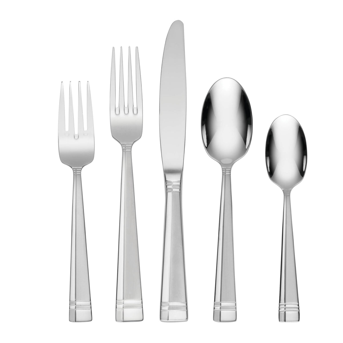 Oneida Amsterdam front view showing full 45-piece set and elegant finish for cohesive table settings