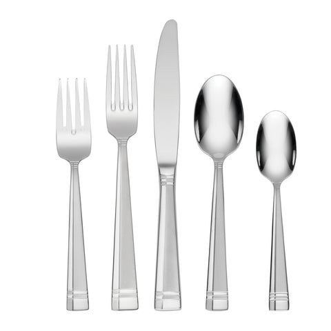 Oneida Amsterdam front view showing full 45-piece set and elegant finish for cohesive table settings