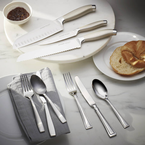 Oneida knives on a dining table demonstrating comfortable grip and professional presentation benefit