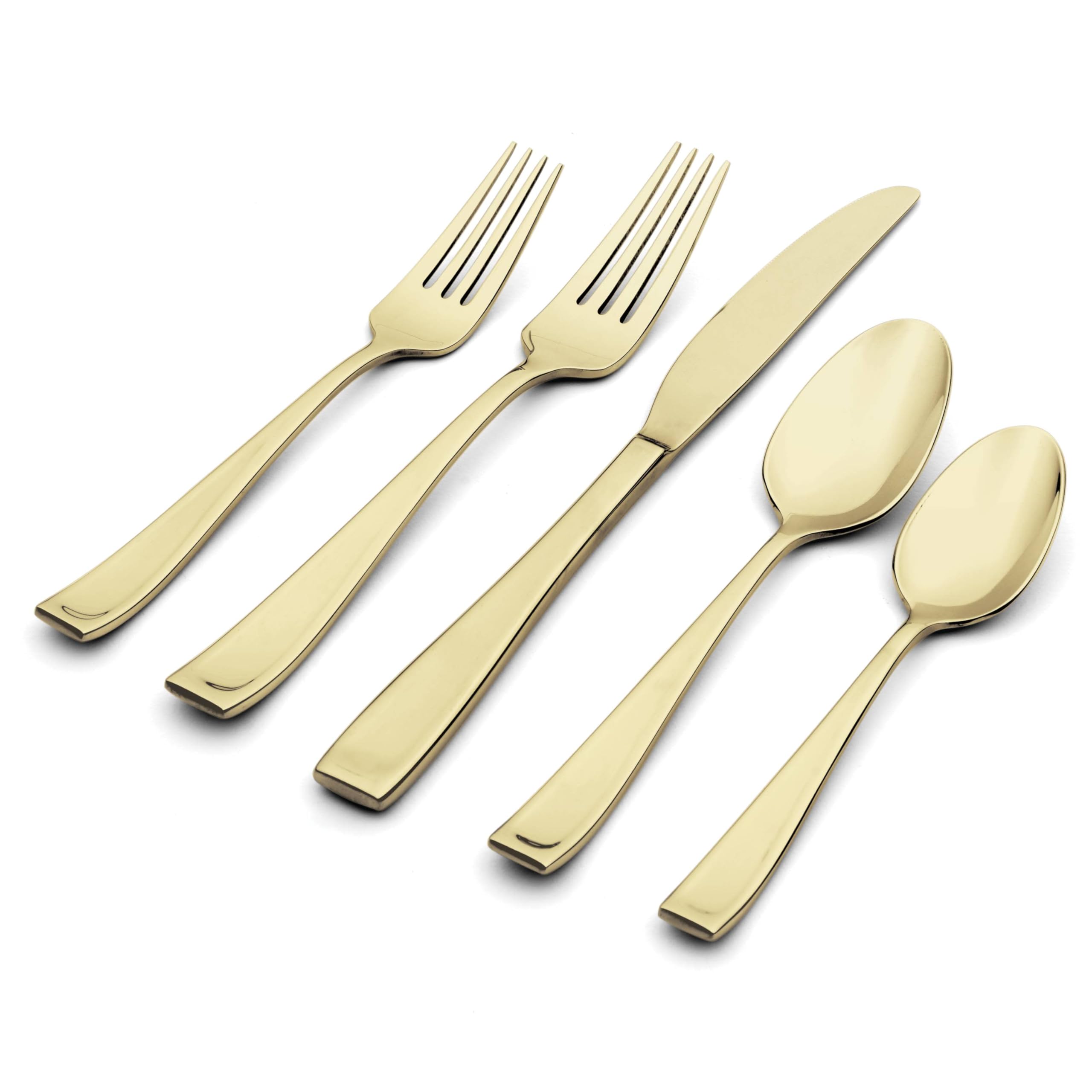 Oneida Moda flatware on a dining table demonstrating cohesive champagne finish and ambiance