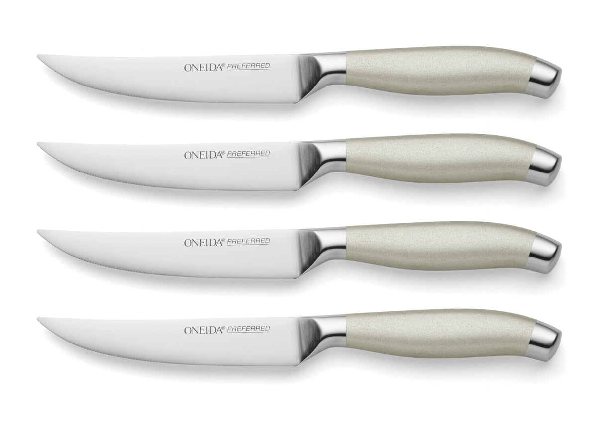 Oneida stainless steel front packaging showing set of four knives and metallic finish benefit