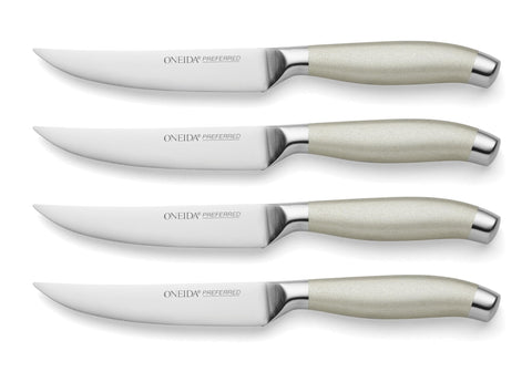 Oneida stainless steel front packaging showing set of four knives and metallic finish benefit