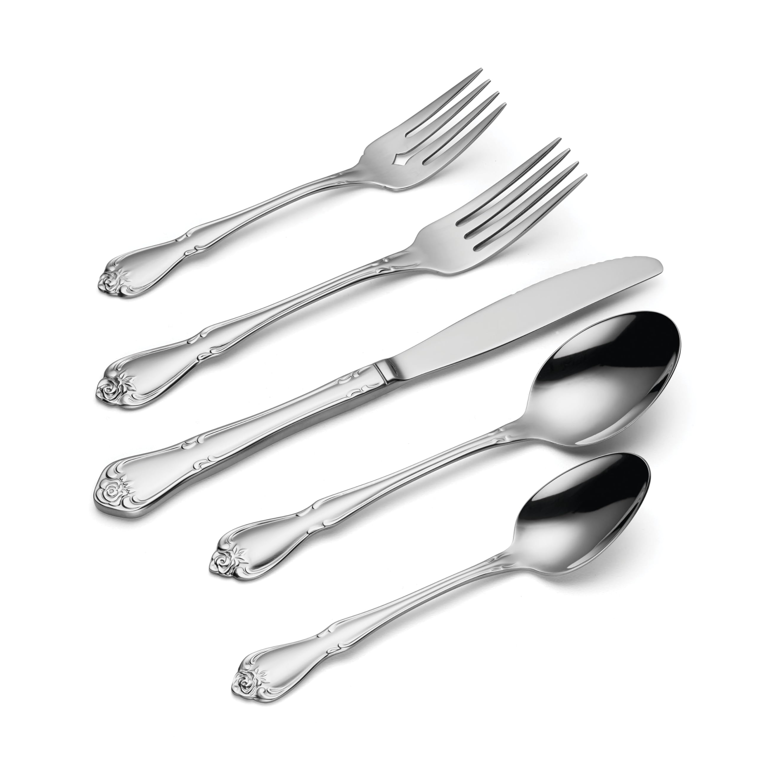 Oneida True Rose arranged serving pieces showing versatility for buffets