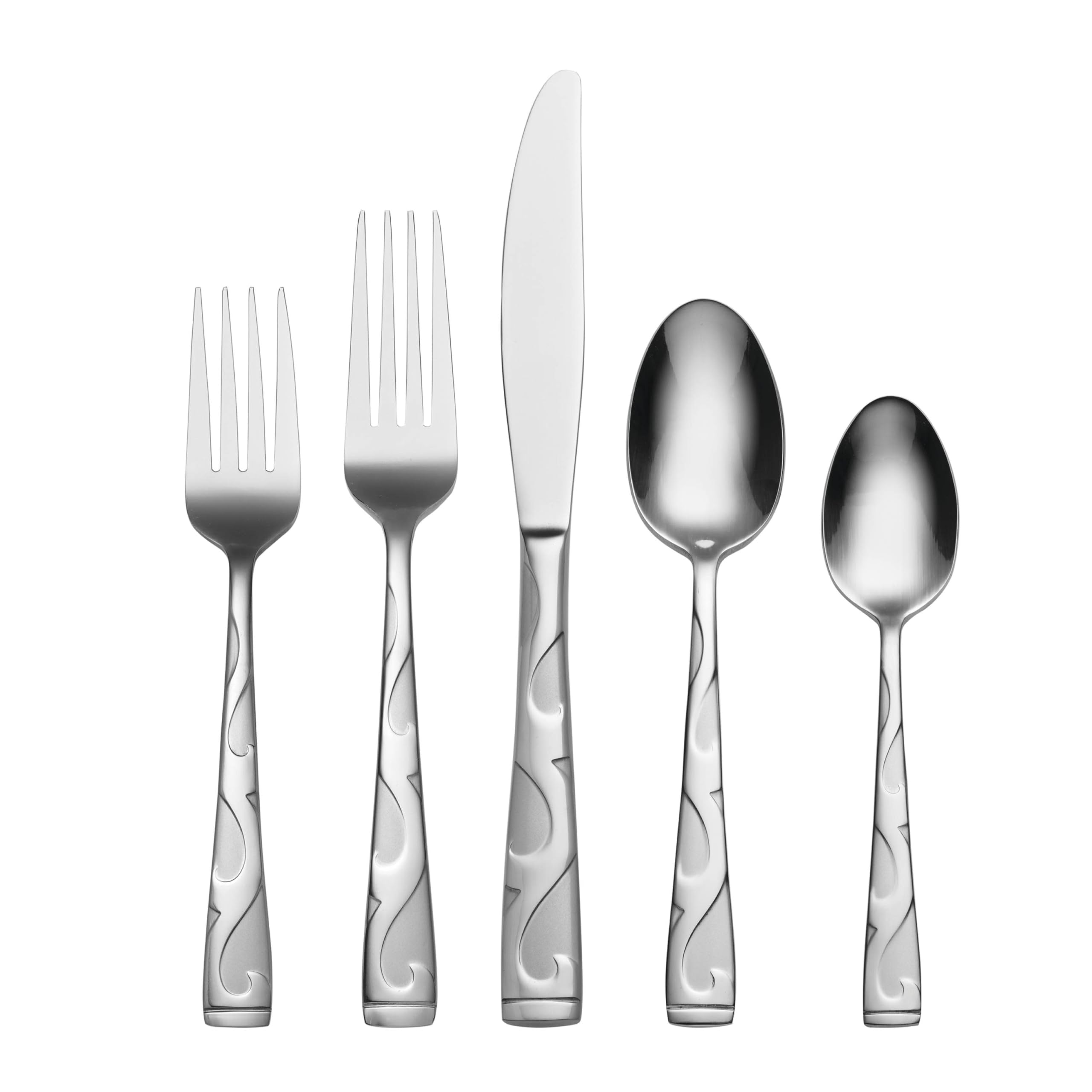 Oneida Tuscany front view showing full set and elegant handles, enhances table style