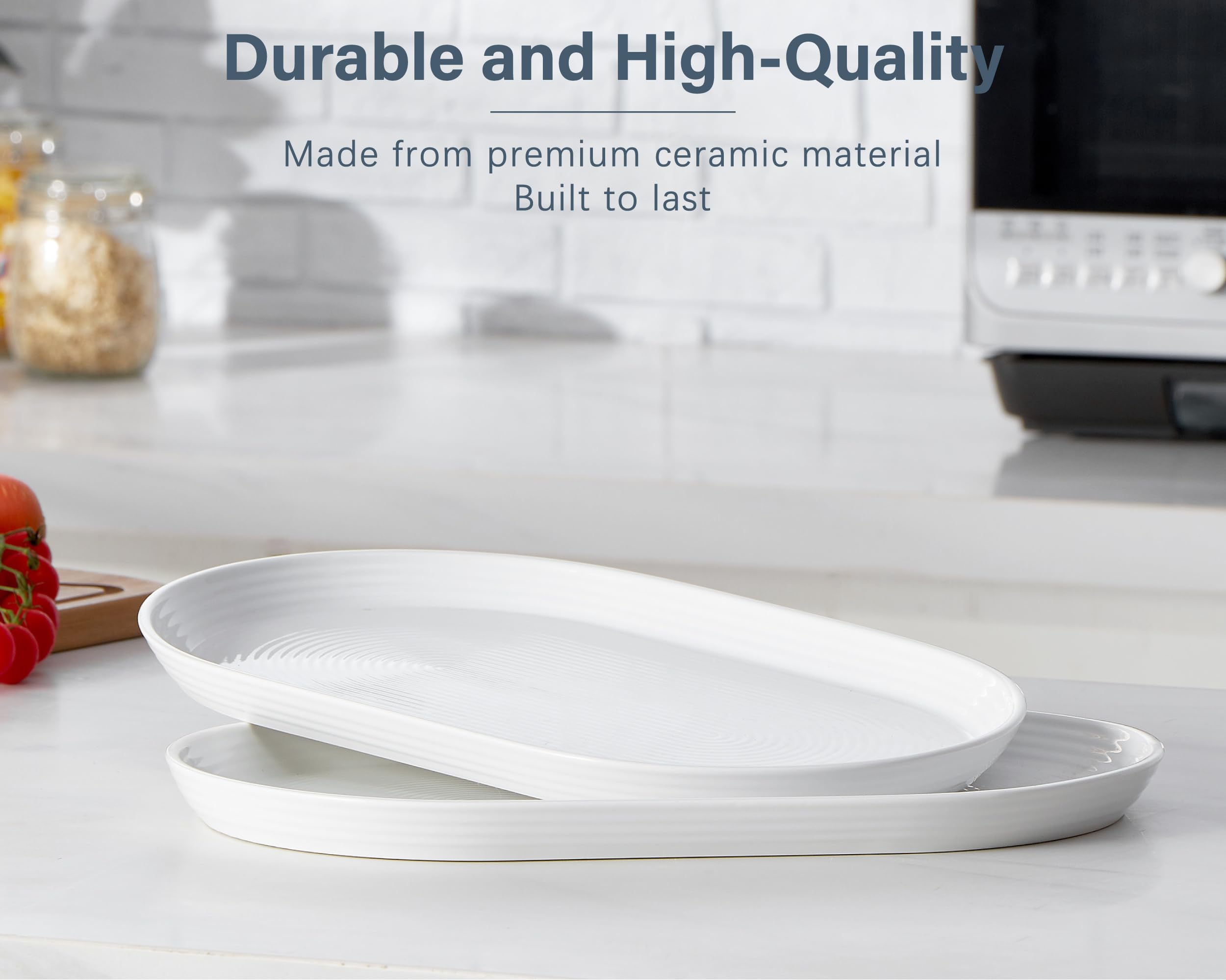 ONEMORE platter inside oven demonstrating oven-safe porcelain durability