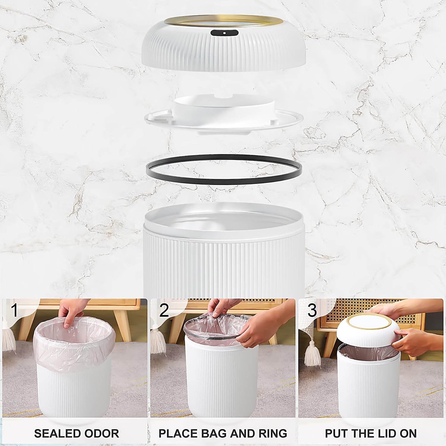 onlcuk in bathroom lifestyle scene offers stylish, touchless waste disposal