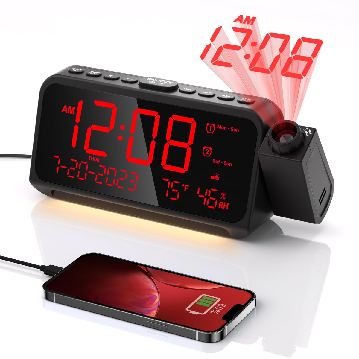 OnLyee projection clock front view shows clear controls and compact design benefit bedside organization