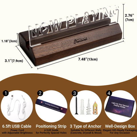 Onmiwod included parts laid out: wood base, acrylic panel, USB cable for fast setup
