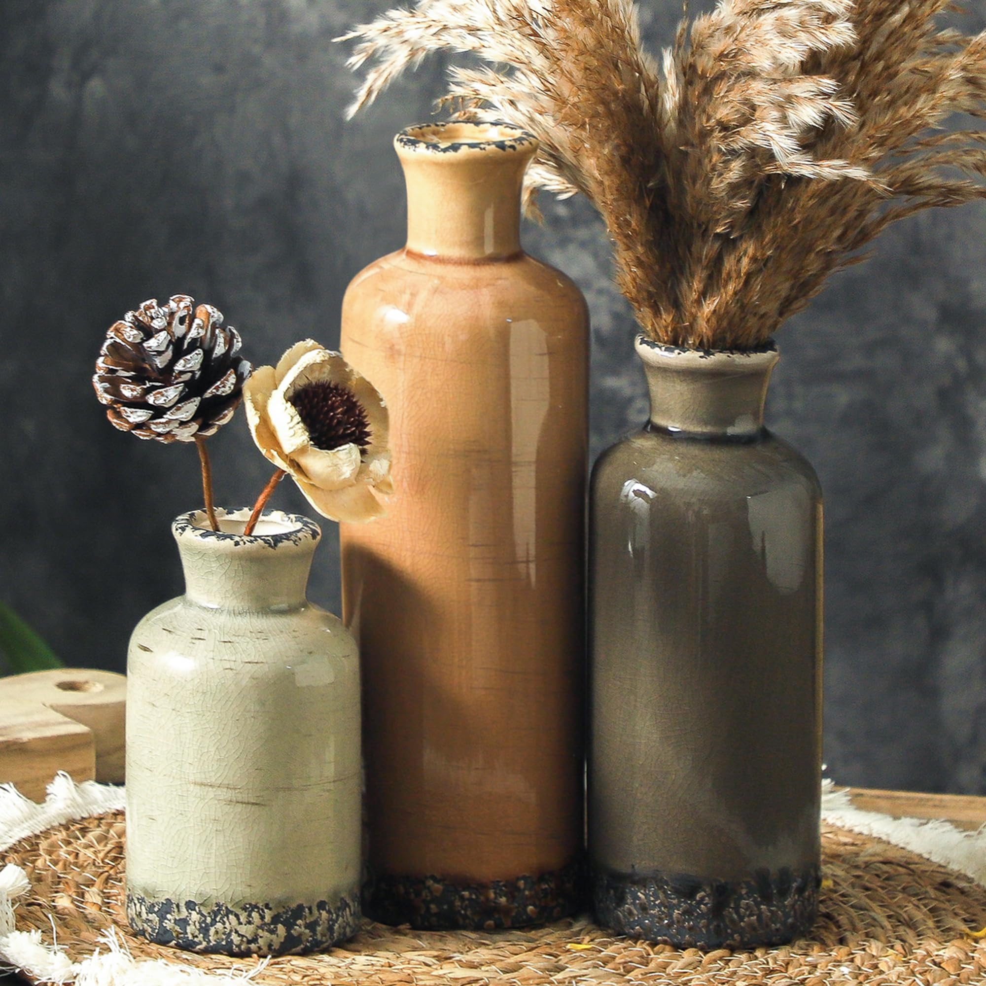 ooit three vase front view showing shapes and neutral brown finish for versatile styling