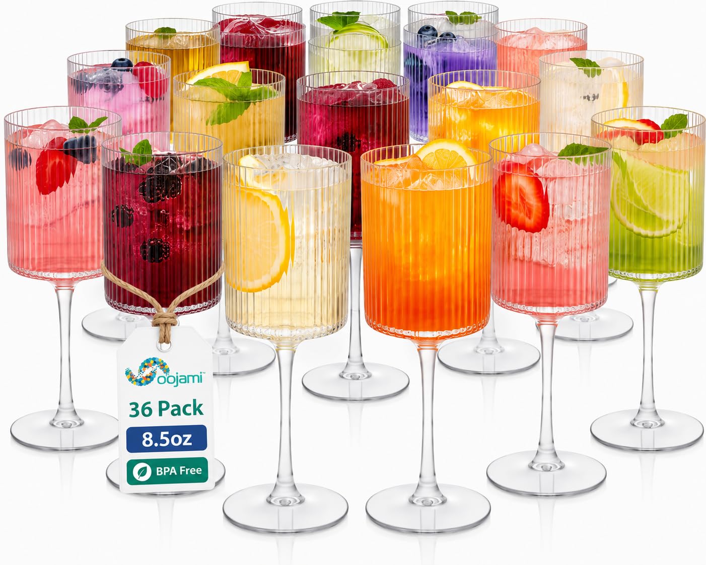 Oojami front packaging showing 36 clear flutes and event-ready convenience