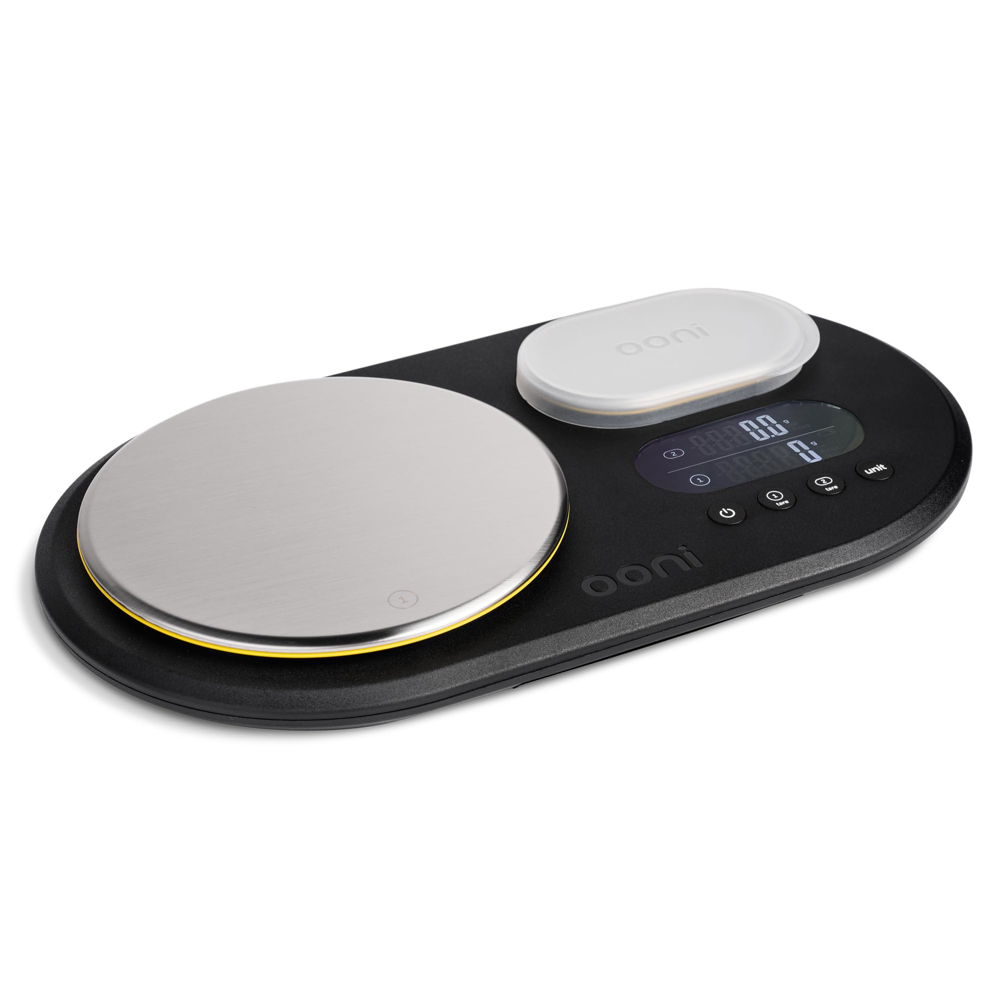 ooni front view of dual platform scales showing compact form and clear benefit