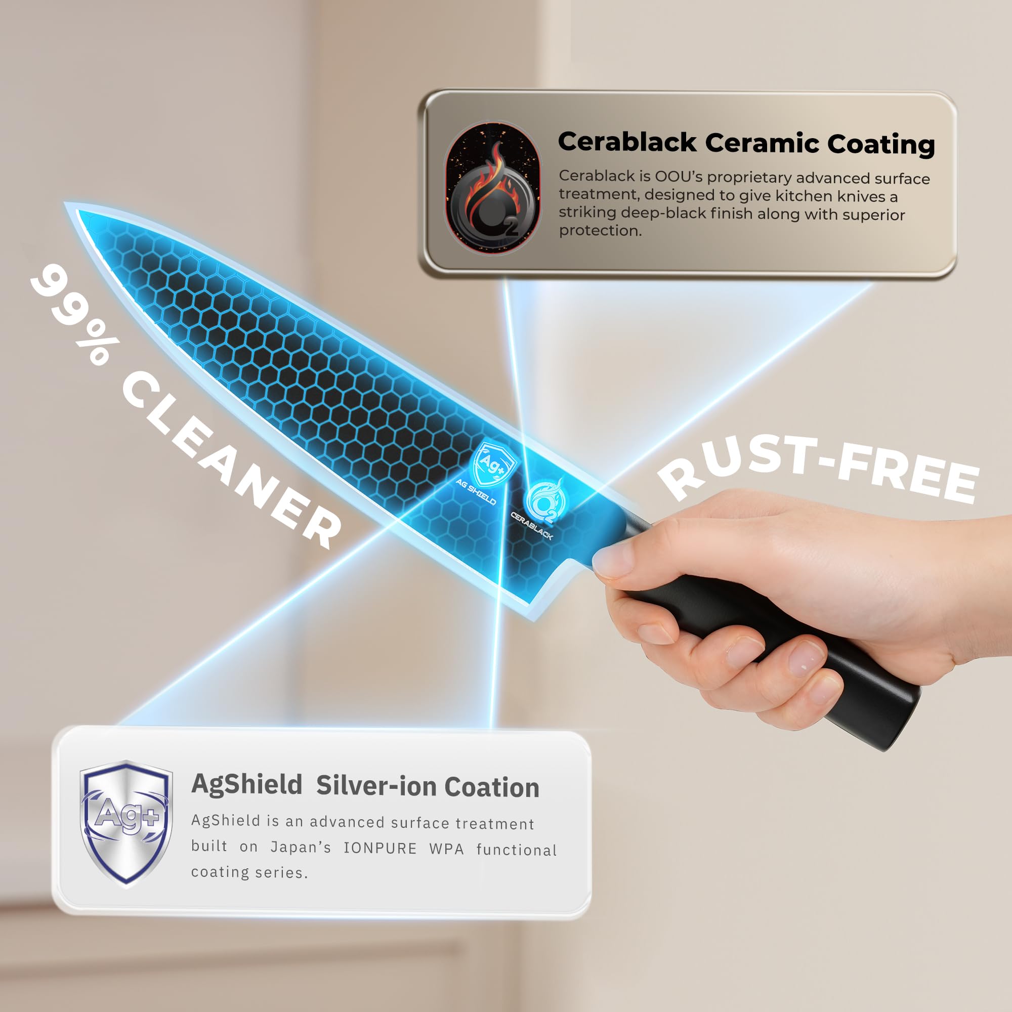 OOU close-up of Cerablack coated blade highlighting anti-rust finish and easy cleanup