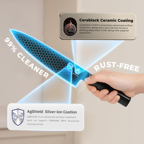 OOU close-up of Cerablack coated blade highlighting anti-rust finish and easy cleanup