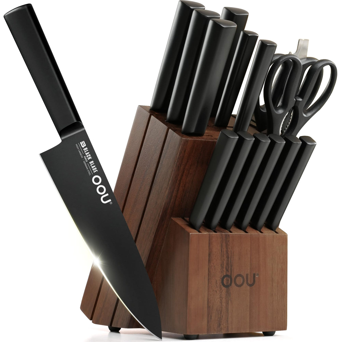 OOU front view of knife set in walnut block showing organized storage and quick access