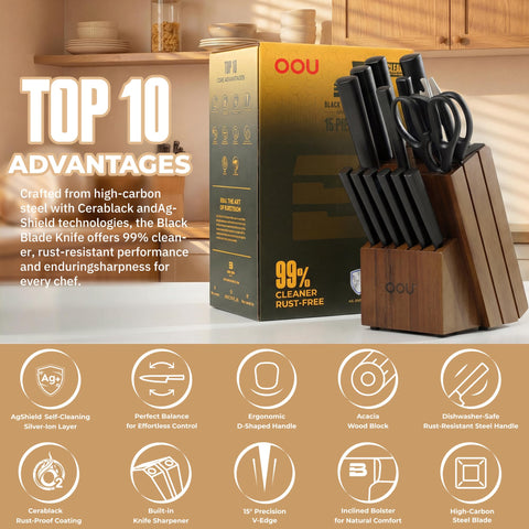 OOU full knife set laid out on counter illustrating included pieces and versatility