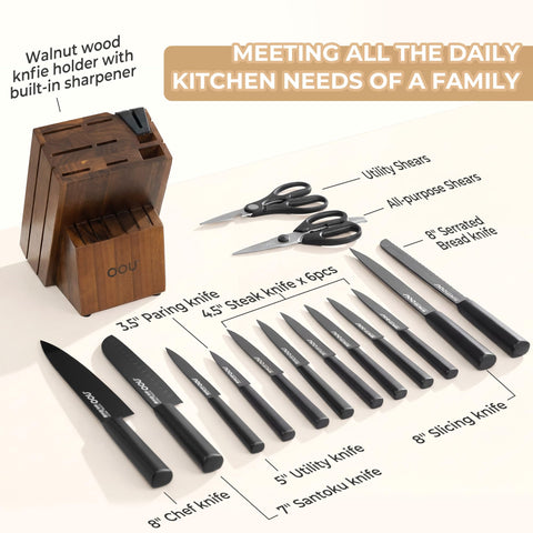 OOU six steak knives and shears displayed demonstrating table-ready cutting performance