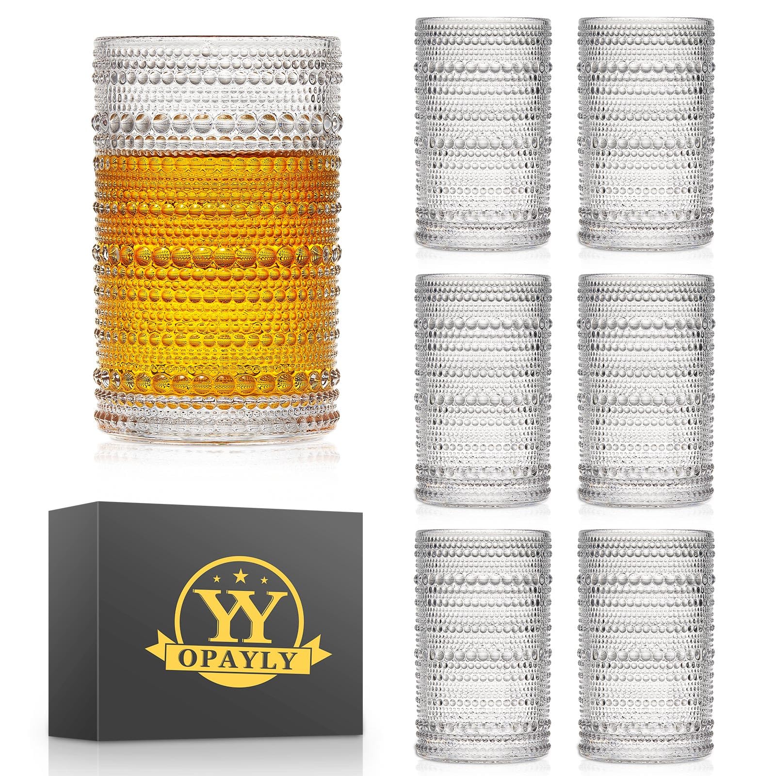 OPAYLY hobnail front view showing six glasses and clear vintage look