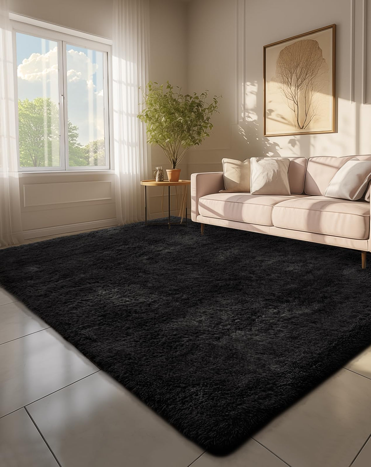 Ophanie 6x9 black rug front view showing plush pile and clean edges for room styling
