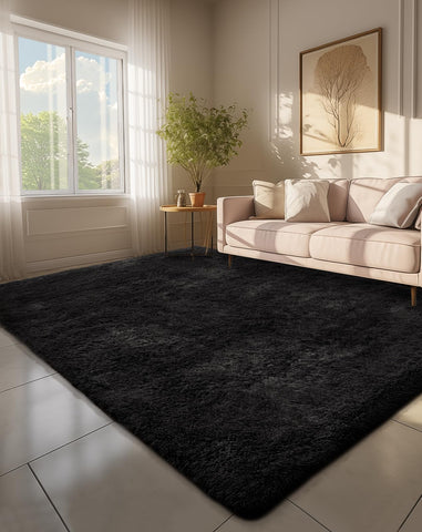 Ophanie 6x9 black rug front view showing plush pile and clean edges for room styling